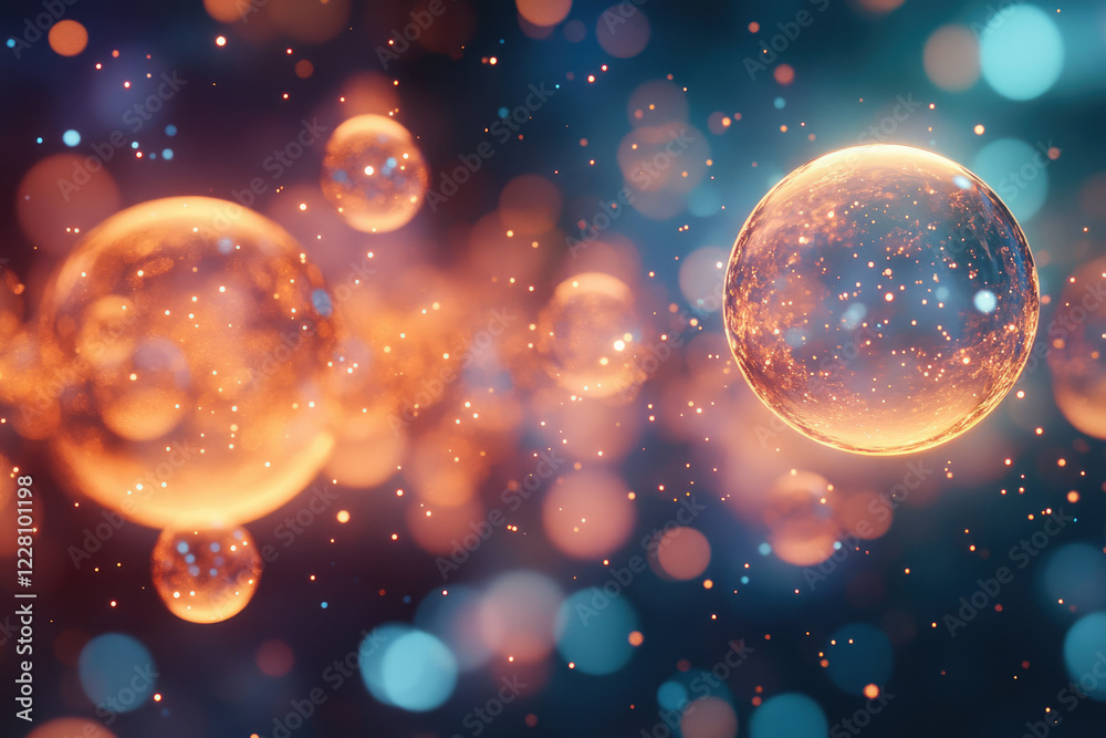 Aufkleber Abstract cosmic scene with glowing orbs and particles, creating a dreamy, ethereal atmosphere.