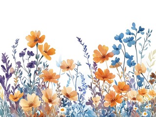 Fototapeta premium Wildflower Watercolor Border: A delicate watercolor painting of a vibrant wildflower border, featuring delicate orange blossoms and a mix of blue and purple foliage.