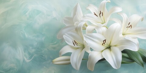 Fototapeta premium White lilies on soft pastel background. Copy space