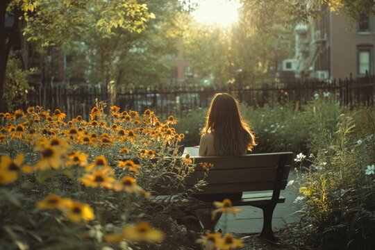 A woman sits on a park bench, surrounded by sunflowers, enjoying the golden hour sunlight. - Powered by Adobe
