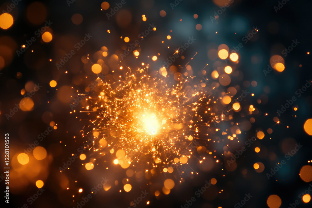 Poster a vibrant sparkler explodes with bright, golden sparks against a dark, bokeh-filled background.