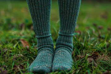 Hand knitted green socks are standing on grass in autumn, enjoying the peace and quiet of nature