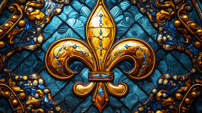 Fleur-de-Lis symbol and royalty. Luxurious Fleur-de-Lis emblem in vibrant colors on an ornate decorative panel