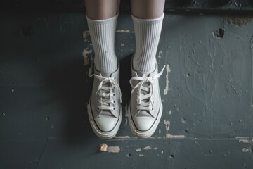 Close up of woman's legs wearing gray sneakers and white socks sitting on a dark gray surface with peeling paint
