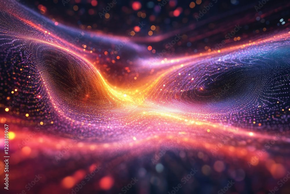 Aufkleber abstract digital art depicting a flowing, luminous wave of particles with vibrant colors and bokeh e