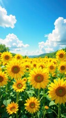 Fototapeta premium landscape field of sunflower agriculture blue sky background with white cloud, summer nature, farming, autumn harvesting, Ukraine 