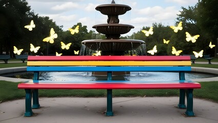 Obraz premium vibrant park bench in lgbt colors with glowing butterflies around a fountain for use in diversity and inclusivity themes