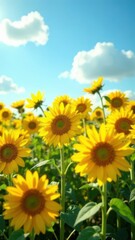 Obraz premium landscape field of sunflower agriculture blue sky background with white cloud, summer nature, farming, autumn harvesting, Ukraine 