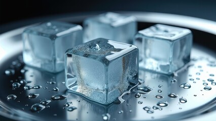 Partially melted ice cubes on a reflective wet surface with frost and water droplets	