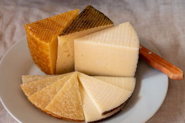 Assortment of Spanish hard cheeses, curado, manchego, goat cheese served for tasting, close up