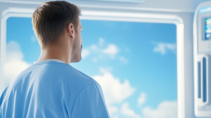 Fototapeta premium Man in Blue Shirt Looking Out Window at Bright Cloudy Sky