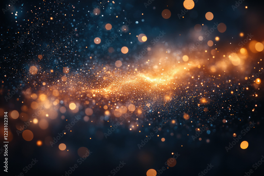 Poster abstract cosmic background with glittering golden and blue particles, bokeh lights, and a swirling n