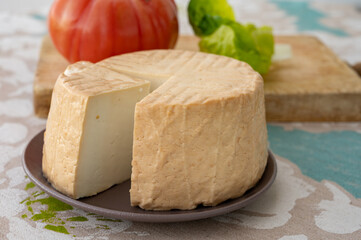 Cheese collection, piece of round fresh smoked Spanish goat cheese close up