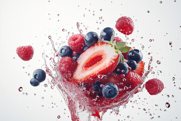 Strawberries, blueberries, and raspberries bursting with juice droplets and seeds scattering on white background. High-resolution image perfect for healthy food promotions and creative ads.