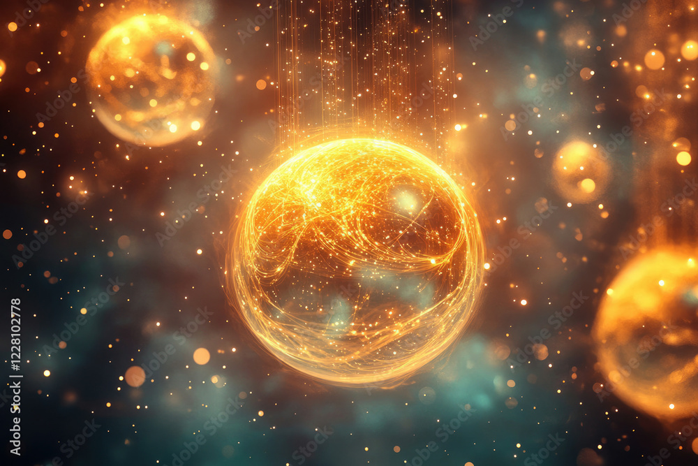 Aufkleber Glowing orb in cosmic space, surrounded by energy streams and sparkling particles.