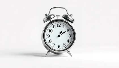 Alarm clock isolated on white background shows time. Concept of good morning, deadline, time. Space for text, copyspace.