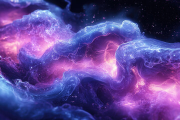 Abstract cosmic nebula with swirling, luminous purple and blue clouds, glowing intensely.