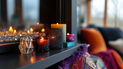 A table with candles and a purple pillow
