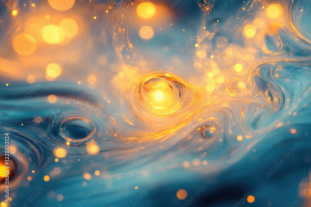 Poster abstract swirling cosmic nebula with glowing golden light and bokeh effect.