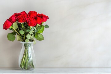 Obraz premium Fresh red roses arranged elegantly in a glass vase on a smooth marble surface. Banner with copy space