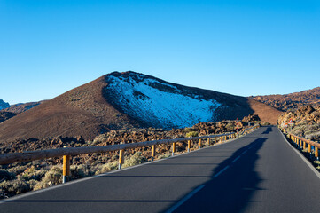 Driving car from North part of Tenerife to Teide national park and view on volcanic landscapes,...