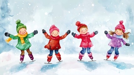 Cartoon style happy child doing ice skating.