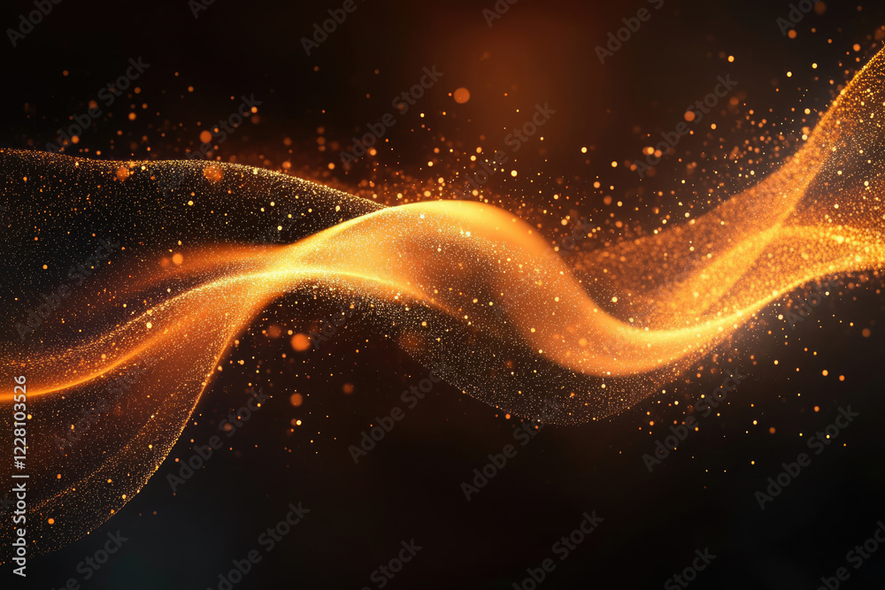 Aufkleber Abstract golden particles flowing in a dark background, creating a dynamic and elegant wave.