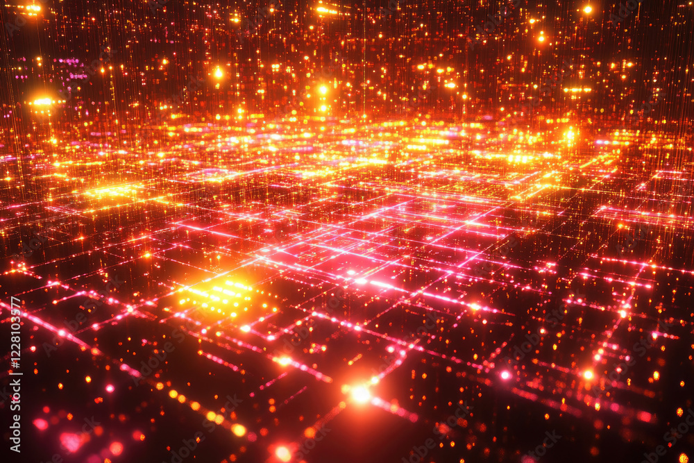 Poster glowing grid network, digital data streams, abstract technology background, vibrant red and orange h