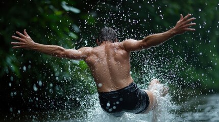 Fototapeta premium A man is jumping into a body of water, splashing water everywhere