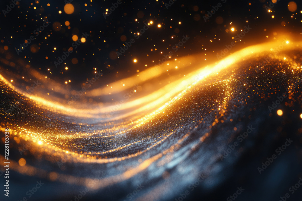 Poster Glowing golden particles flow in dark space, creating a wavy, abstract texture.