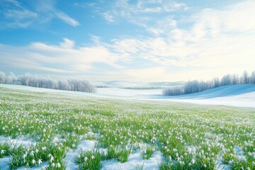 A vast field of snowdrops emerging through melting snow under a bright blue sky, symbolizing the transition from winter to spring and new beginnings