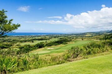 Fototapeta premium Lush green golf course captures breathtaking views of the ocean and distant hills on a sunny day. Banner with copy space