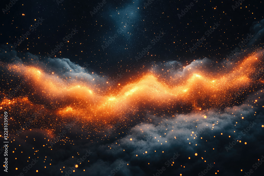 Poster Glowing cosmic clouds and nebulae with sparkling dust particles in deep space.