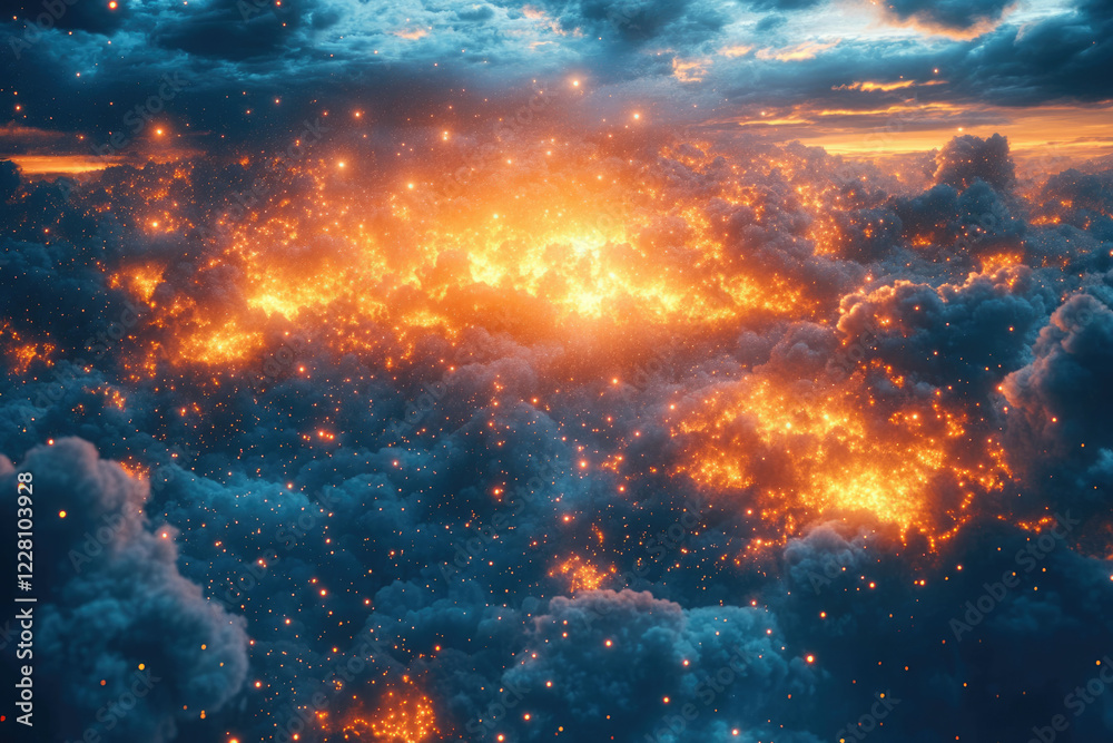 Poster A breathtaking celestial scene: fiery clouds illuminated by countless stars, creating a mesmerizing cosmic landscape.