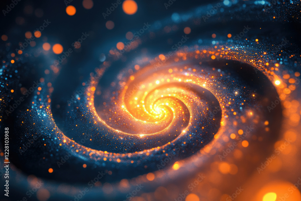 Poster a mesmerizing spiral of glittering particles, glowing with vibrant orange and blue hues, creating a 