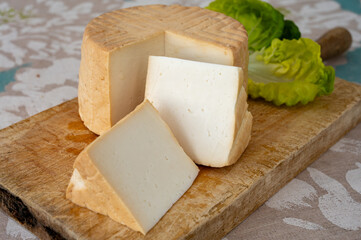 Cheese collection, piece of round fresh smoked Spanish goat cheese close up