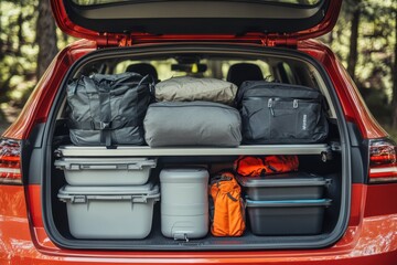 Open trunk of an orange SUV packed with camping gear, including plastic storage boxes, backpacks, and a rolled sleeping bag, ready for an outdoor adventure in the forest