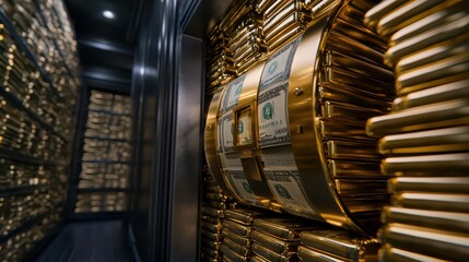 Naklejka premium Golden Vault Filled with Stack of Cash and Safe Deposit Boxes