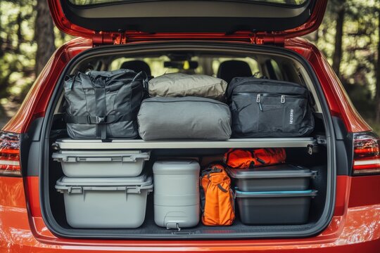 Open trunk of an orange SUV packed with camping gear, including plastic storage boxes, backpacks, and a rolled sleeping bag, ready for an outdoor adventure in the forest