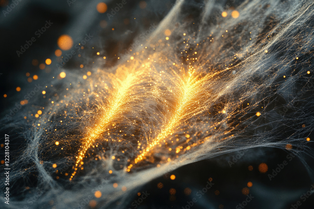 Leinwandbilder glowing golden particles forming intricate web-like structures in dark space, abstract digital art.