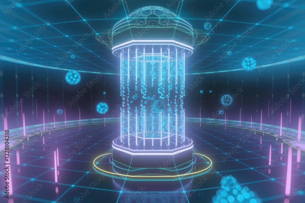 Poster futuristic digital chamber with glowing particles, data streams, and a central energy core.