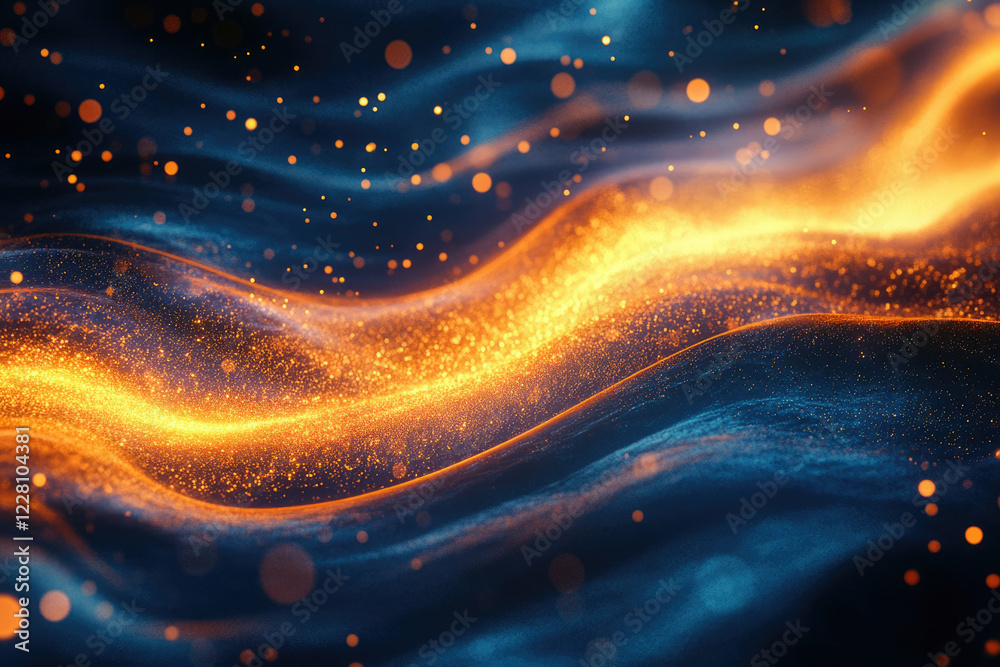 Poster Abstract wave of glowing golden particles on a dark blue background, creating a mesmerizing visual effect.