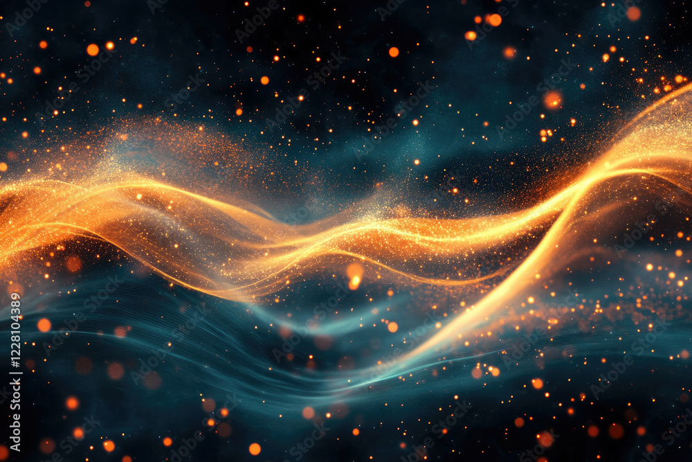 Poster abstract cosmic wave of shimmering golden particles and blue nebula, creating a vibrant and energeti