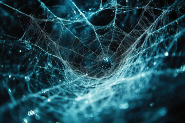 Intricate spiderweb glistening with dew, a mesmerizing natural art in dark teal hues.