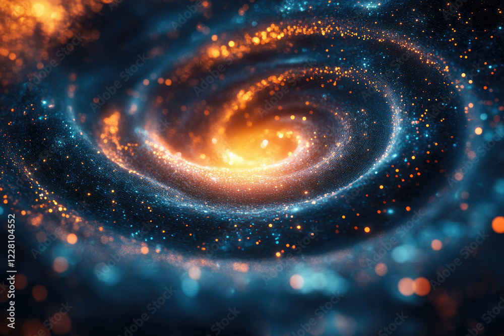 Poster abstract swirling nebula with vibrant orange and blue hues, glittering particles creating a cosmic v