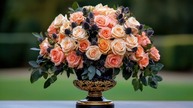 A vase of flowers with a mix of pink and orange roses