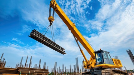 Yellow Crane Lifting Steel Beams on Construction Site Under Blue Sky