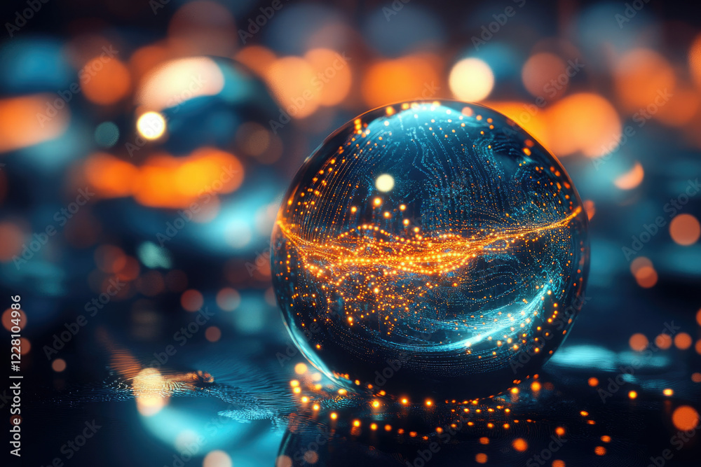 Aufkleber A mesmerizing glass sphere encapsulates a vibrant, interconnected network of glowing particles, symbolizing global connectivity and data flow.