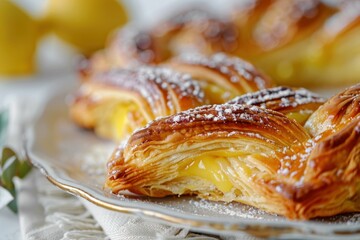 Golden braided lemon pastry sprinkled with powdered sugar sits on an elegant plate, creating a tempting treat