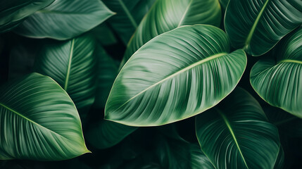 Lush green tropical leaves with detailed textures illuminated by soft light in a natural setting emphasizing vibrant greenery and tranquility, concept of nature wellness and eco-friendly design